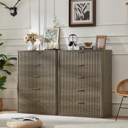 Image of LEYAOYAO Fluted 5 Drawers Dresser for Bedroom, 41 inch Tall Modern Chest of Drawers with Metal Handle, Curved Profile Farmhouse Closet Organizer Wood Dressers TV Stand for Living Room, Hallway,Grey