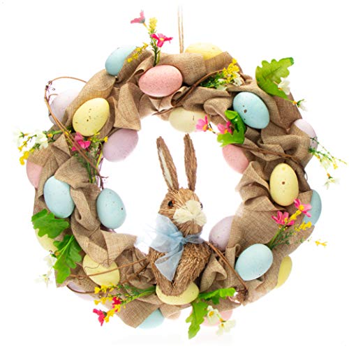 com-four® Corona de Pascua con Huevos y Conejo de Pascua - Corona Decorativa para la Puerta - Arco con Flores para Pascua, diámetro Approx. 44 cm