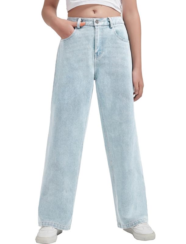 EXARUS Girls Wide Leg/Flare Jeans Bow Embroidery/Leopard Print Denim Pants with Pockets Casual for Kids 6-14Y2