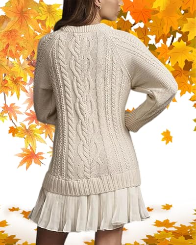 2025 New Women Crewneck Cable Knit Sweater Mini Dress Sweater Dress with Pleated Skirt Fall Sweater Dresses Mini3
