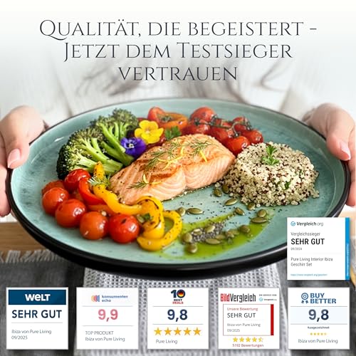 Steingut Geschirrset 6 Personen Ibiza 24 tlg. TESTSIEGER, Traumhaftes Mediterranes Steingut Geschirr Set, Schüssel- und Teller Set, Tafelservice 6 Personen, Geschirrsets Pure Living in Salbeigrün