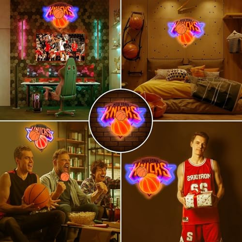Image of Basketball Team Neon Sign, Sport Light Up Dimmable NY Basketball Team Logo Hanging USB Powered Led Neon Sign for Wall Decor, Bedroom, Man Cave, Party, Birthday Party Christmas Merch Deco Gift for NY Boys Teens Fans