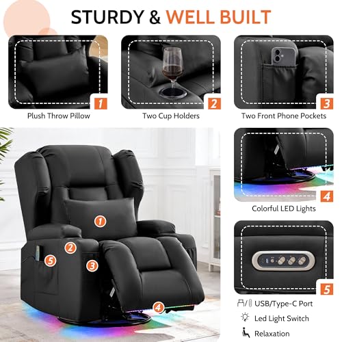 Sillón reclinable giratorio negro de cuero sintético miniatura 6