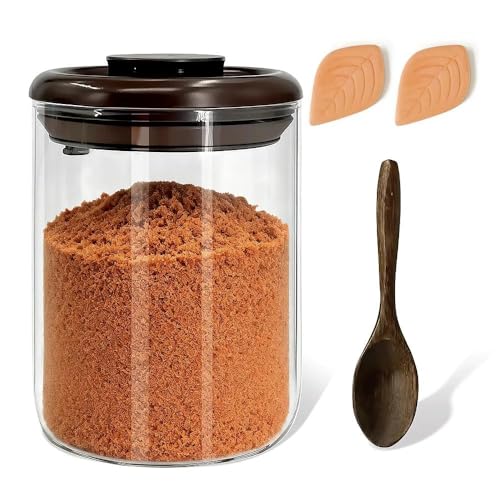 Airtight Brown Sugar Container - 0.95 Qt (900 ml) Glass Jar with 2 Clay Discs & Wooden Spoon,...