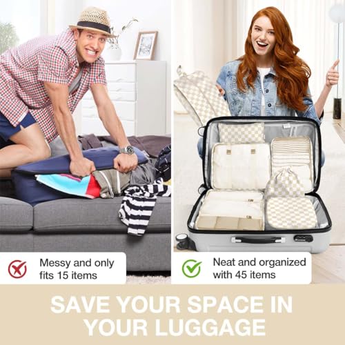 Image of 8 Set Packing Cubes for Suitcases,Packing Cubes with Shoe Bag, Cosmetics Bag, Clothing Bag, Accessories Bags Packing Cubes for Travel Luggage Organizer Women Men(Khaki Checkered)