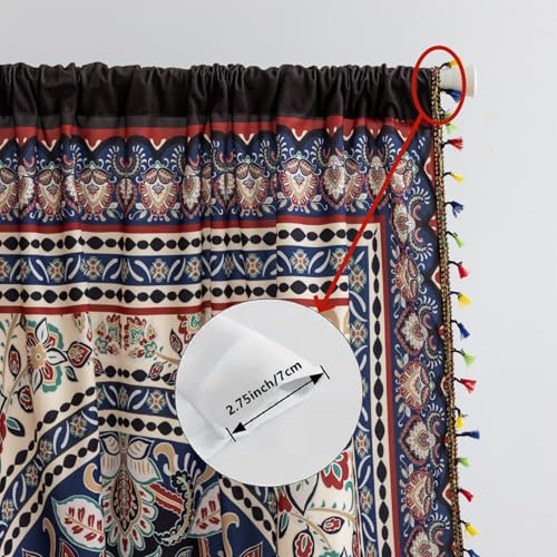 Image of Multicolor Medallion Curtains 96 Inches Long, Boho Farmhouse Light Filtering Rod Pocket Drapes with Tassel Trim for Bedroom Living Room, 2 Panels