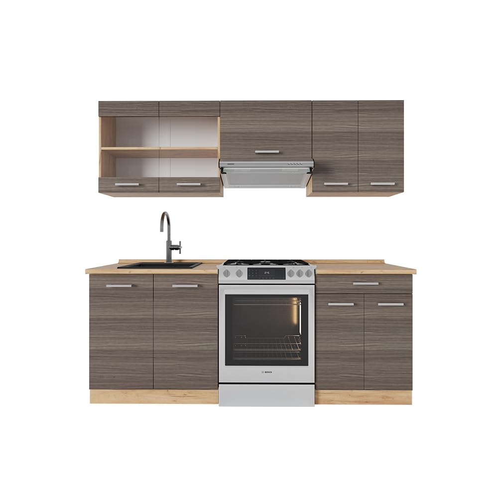 Vicco Küchenzeile R-Line, Edelgrau/Goldkraft Eiche, 200 cm, AP Eiche, geeignet zur individuellen Erweiterung durch Zusatzmodule