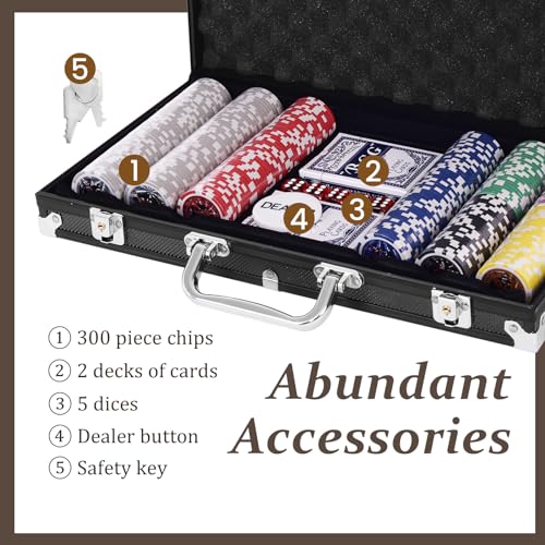 HOMASIS Pokerset mit 300 Chips, Alu Pokerkoffer mit 2 Kartendecks, 5 Würfeln, 1 Dealer Button, Poker Koffer abschließbar, Poker Set Pokerkarten für Texas Hold'em (300 Chips, Schwarz) – Bild 4