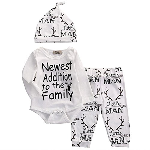 Baby Boy Girl Suit for Baby Shower Deer Print Long Sleeve Romper+Long Pants+Hat (0-3months, White)