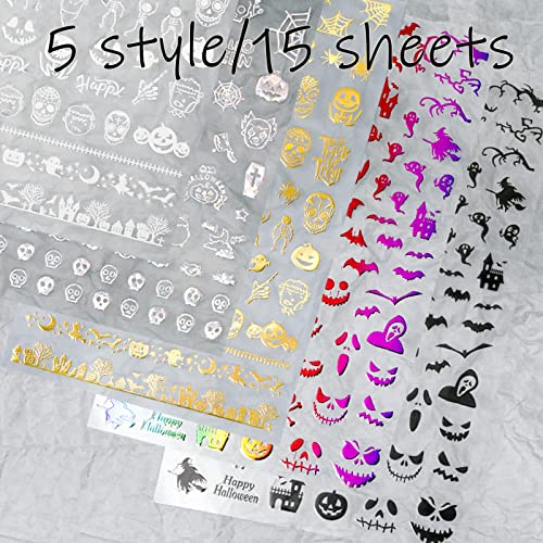 15 Sheets Halloween Nail Art Stickers Decals Self-Adhesive Skull Ghost Bat Spider Pumpkin Nail Decals Gold Silver White Black Nail Art Suppiles Halloween Scary Nial Decoration For Women Girls Manicure Diy Design #TOP5