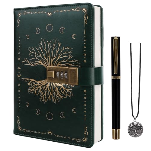TIEFOSSI Diary with Lock, Tree of Life Vintage Journal with Lock for Women Men, A5 Refillable Locked Notebook for Writing, 224 Numbered Pages