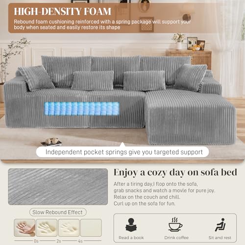 Image of 110 inch L Shaped Cloud Boneless Sectional Couches for Living Room, Modern Comfy Modular Deep Seat Memory Foam Compressed Corduroy Sofa Oversized Right Facing Chaise, No Assembly Required, Grey