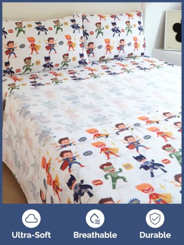Image of Kids Full Size Superhero Bed Sheets - 4 Piece Kids Superhero Sheet Set - Comic Power Bedding - Ultra-Soft, Cute & Cozy - Breathable & Machine Washable - Brave Bed Set for Boys, Girls, Teens & Toddlers