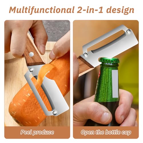POP lina Multifunktionaler Gemüseschäler für die Küche, 2 Stücks Schäler aus Edelstahl, Sparschäler mit Holzgriff, Gemüseschäler und Flaschenöffner für Obst, Gemüses