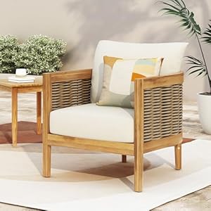 Merax Set Single Outdoor Acacia Wood Wicker Club Chair with CushionPatio Furniture Conversation Seat for Backyard Beige