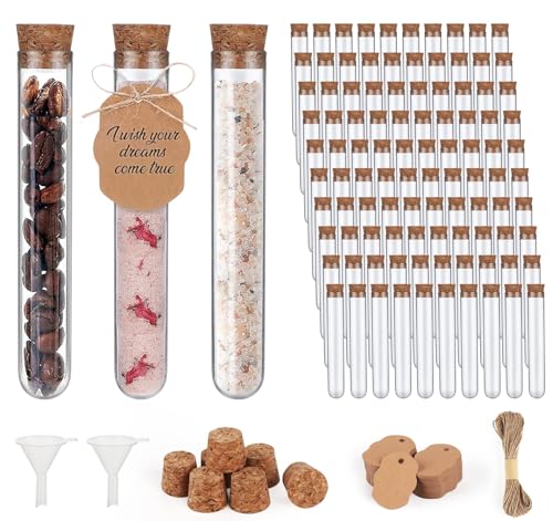 100 Reagenzglas mit Korken 16x100mm Kunststoff Transparent Reagenzgläser mit 100 Stück Kraftpapieranhänger + 20 m Hanfseil + 2 Stück Trichter für DIY Craft Spices Liquids Sweets Candy