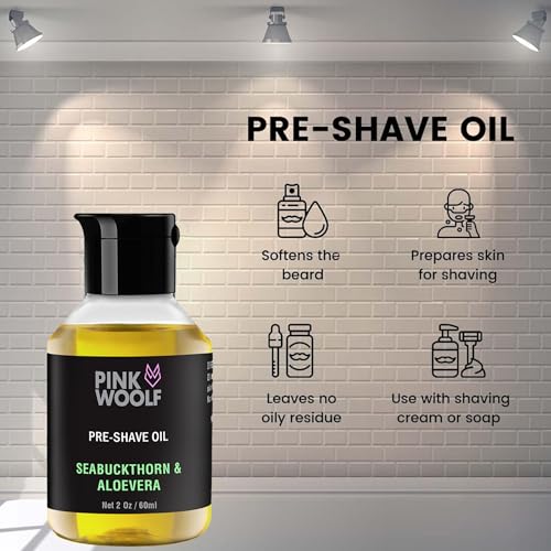 Image of Pink Woolf Shaving System for Men | Pre Shave Oil + After Shave Lotion | Smooth Shave & Post Shave Skin Comfort | Works with Safety & Cartridge Razors | SEABUCKTHORN ALOE VERA