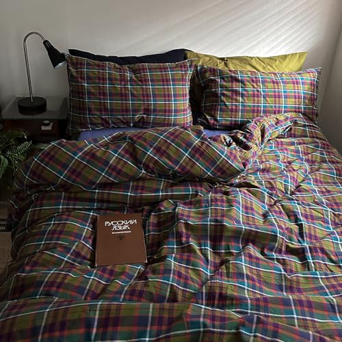 Image of EAVD Vintage Buffalo Plaid Duvet Cover Full Soft 100% Washed Cotton 3-Piece Colorful Checkered Grid Bedding Set with 2 Pillowcases for Teen Boys Girls Retro Gingham Comforter Cover with Zipper Closure