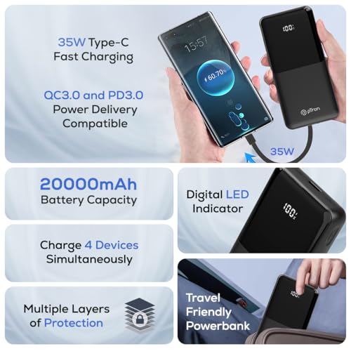 Image of pTron Dynamo Bolt 20000mAh Power Bank, Inbuilt Charging Cables, 35W Super Fast Charging,USB Type-C Input Power Bank Compatible with QC3.0 /PD3.0,4 Charging Outputs,Type-C Input /Output Port (Coal Black)