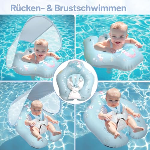 Schwimmring Baby mit UPF 50+ Abnehmbarem Sonnendach,Blau Aufblasbarer Schwimmreifen Baby, Aufblasbare Schwimmtrainer mit Sicherheitssitz für 6 Monate bis 10 Monaten Kinder, Kleinkinder-L.
