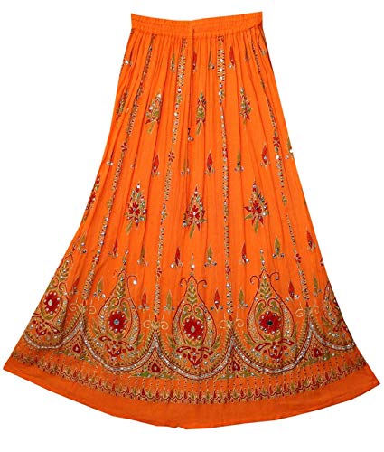 Radhy krishna fashions Tie Dye Yoga Trend Women's Sequined Crinkle Broomstick Gypsy Long Skirt (Orange)