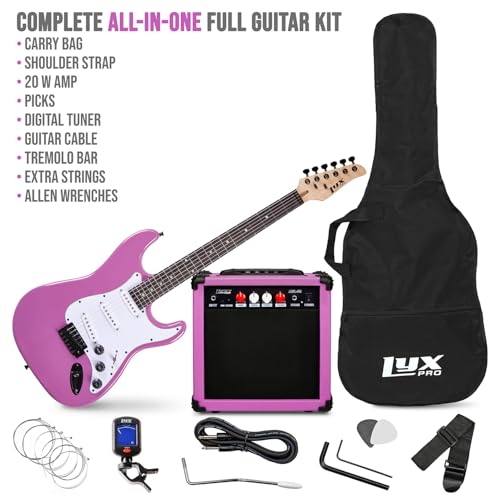 Image of LyxPro 39 inch Electric Guitar Kit Bundle with 20w Amplifier, All Accessories, Digital Clip On Tuner, Six Strings, Two Picks, Tremolo Bar, Shoulder Strap, Case Bag Starter kit Full Size - Retro Purple