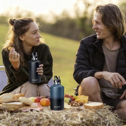 Image of 64 oz Water Bottle,Half Gallon Stainless Steel Water Bottles Insulated,Double Wall & Leak Proof, Travel,Football,Gym,Camping Essentials,Keep Cold All Day,Indigo Black Gradient