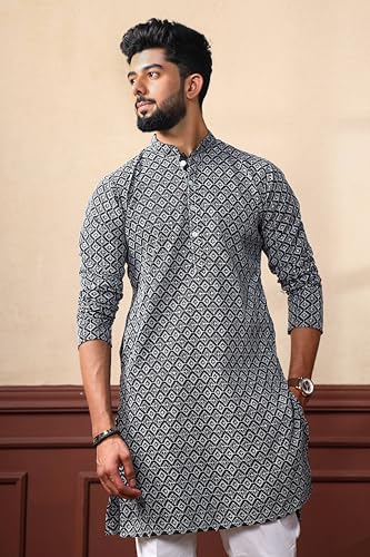 Image of ALMORA Men's Embroidered with Thread Work and Cotton Blend Only Slim Fit Kurta for Men