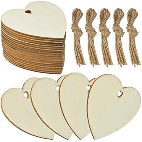 obmwang 50 Pieces 3" Natural Heart Wood Slices, DIY Wooden Ornaments Unfinished Predrilled Wooden Heart Embellishments with Natural Twine for Valentine's Day, Wedding, Thanksgiving, Christmas Cover