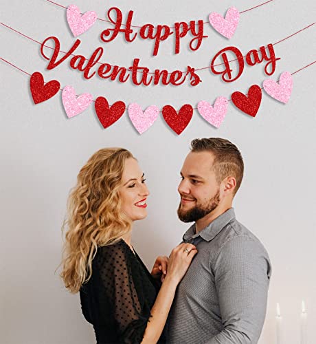 Image of Festiko Kid Red Glittery Happy Valentine's Day Banner and Red Pink Glittery Hearts Banner Valentine's Day Banner Garland with Heart Signs Valentines Day Party Decorations for Valentines Party Supplies