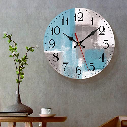Artsocket Navy Wooden Wall Clock Silent Non-Ticking, Blue Grey White Abstract Painting Gray Vintage Round Wall Clocks Decor For Home Kitchen Living Room Office, Battery Operated(12 Inch) #TOP5