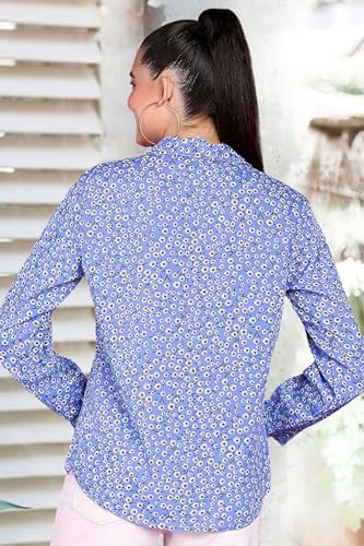 Image of POPWINGS Women Casual Sky Blue Floral Printed Shirt | Collar Button Shirt | Full Sleeve Shirt | Trendy Shirt | Regular Casual Shirt