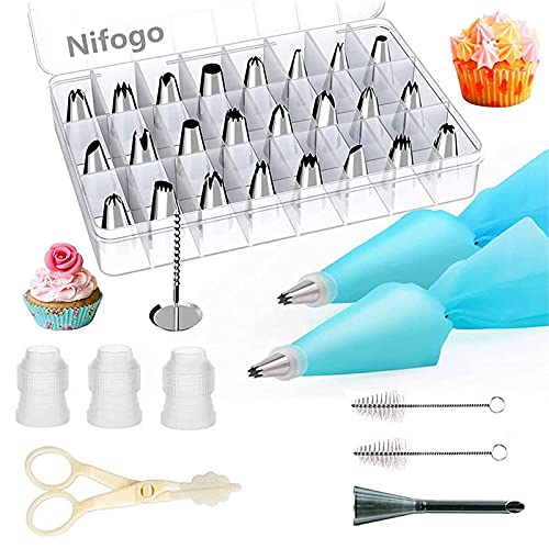 Douille Patisserie Poche à Douille Professionnelle 34 Pièces, Nifogo Kit de Pâtisserie Inox, 24 Douilles, 2 Sac à Pâtisserie Silicone pour Cupcakes Muffins Gâteaux