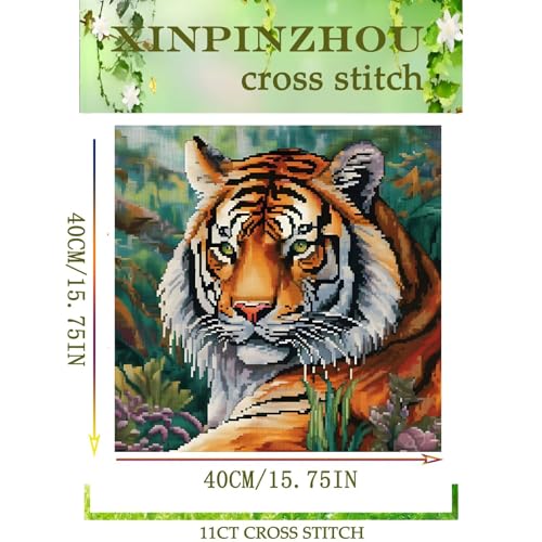 Image of Xinpinzhou Tiger 11ct Cross Stitch Kits, 11 CT Funny Pre Printed Counted Stamped Cross Stitch Embroidery Needlepoint Patterns Kits for Beginners Adults Animal Crossstitch 40x40 cm