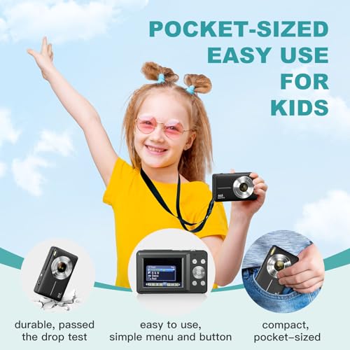 CAMKORY Digitalkamera Fotokamera FHD 1080P 44MP Kompaktkamera 16X Digitalzoom Fotoapparat Klein Einfache Bedienung Bildstabilisator mit 2 Akku für Kinder Anfänger Jungen Mädchen Schwarz – Bild 6