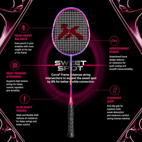 Image of Morex Carbon Graphite Badminton Racket with Full Cover Bag | Durable Carbon Shaft & Curve Frame for Better Sweet Spot & Smash Power | Ideal for Beginners & Advanced Players (Purple & Pink)