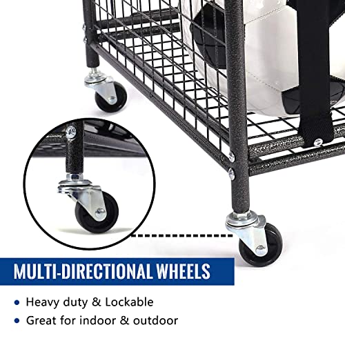 Mythinglogic Rolling Sports Ball Storage Cart, Sports Lockable Ball Storage Locker with Elastic Straps, Stackable Ball Cage for Garage Storage Garage Organizer