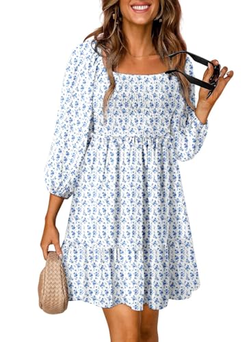 Image of Dokotoo Fall Dresses for Women 2025 Boho Floral Square Neck Smocked 3 /4 Sleeve Casual A-Line Swing Mini Dress Sundress