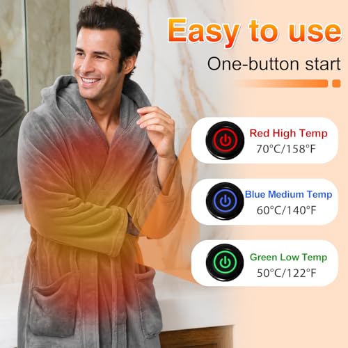 Heated Robe for Men with Hood - Men's Heated Bathrobes with 3 Heating Modes Warm Long Fleece Bathrobe Plush for Winter (US, Alpha, Small, Medium, Regular, Regular, Standard, Grey)4