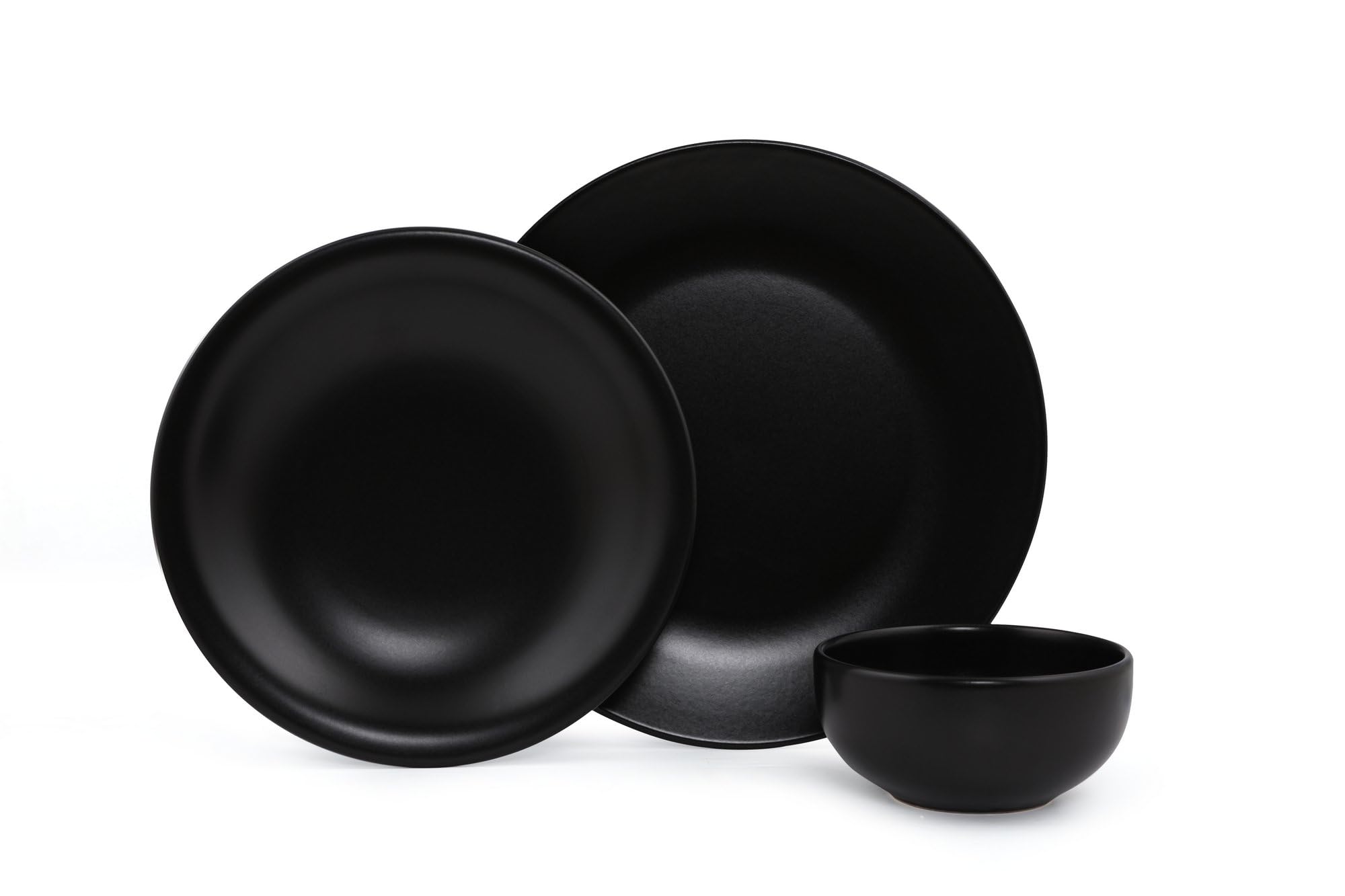 Juego de Vajilla Elegante de Cerámica Negra Mate (12 Piezas) | 100% Gres, Antibacteriano, Fácil de Limpiar, Resistente al Choque Térmico | Apto para Lavavajillas y Microondas