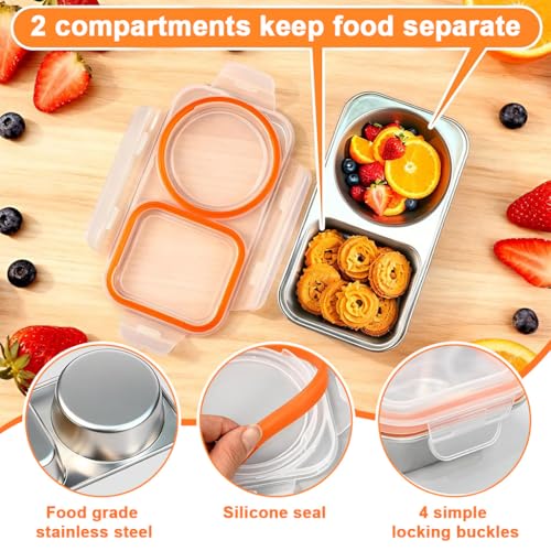 Image of Supvox 304 Steel Tiffin Box for Kids, 2 Compartments Leakproof Airtight Food Container, BPA Free ClearLid, Portable Bento Box for School Office Travel, 400ml