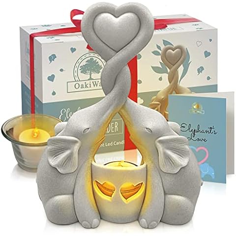 Anniversary & Couples Gifts - Elephants Love Candle Holder Statue W/Flickering LED - Ivory 14th Wedding Anniversary, Engagement, Christmas, Bridal Shower, Valentines, Friends Present Cover