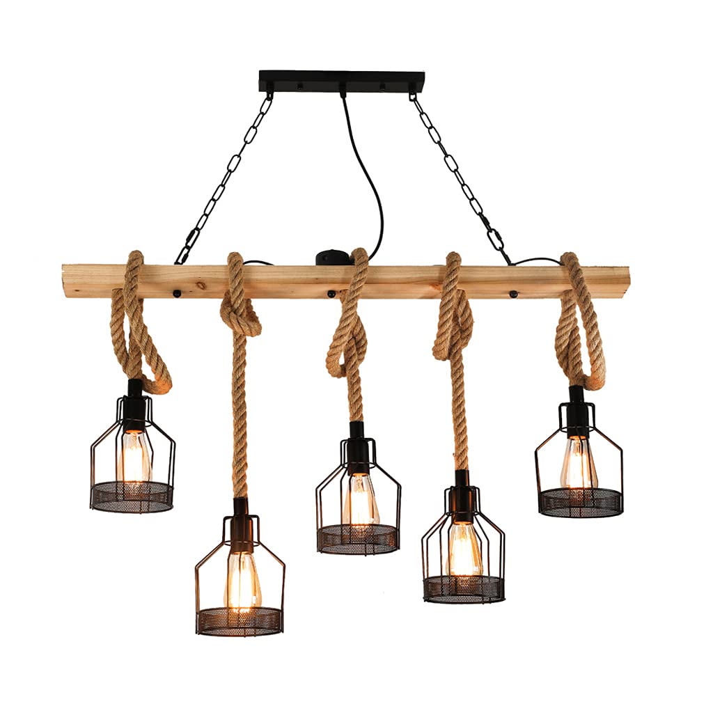 Vintage Pendelleuchte Esstischlampe Holz Kronleuchter Höhenverstellbar Hängelampe Hanfseil DIY Verstellbare Hängeleuchte Industrial Retro Eisen Pendelampe Wohnzimmer Küche Bar Deckenleuchte E27*5 (A)