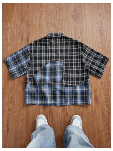 GORGLITTER Men's Plaid Button Down Shirts Hip Hop Y2K Colorblock Short Sleeve Collared Neck Shirt2