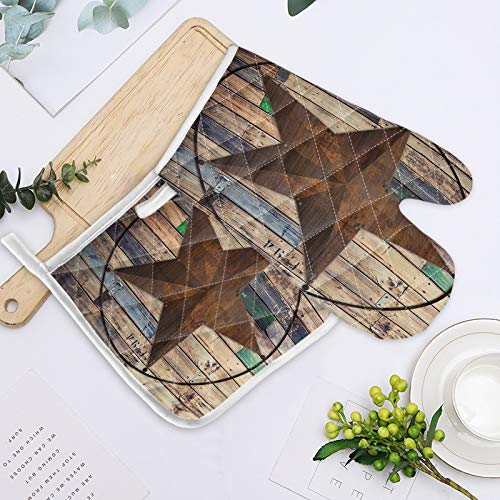 Set Of Oven Mitt And Pot Holder Western Texas Star On Barn Wood Oven Gloves And Hot Pads Brown Kitchen Mittens Heat Resistance Non-Slip Surface For Kitchen Bbq Baking Grilling,Retro #TOP2
