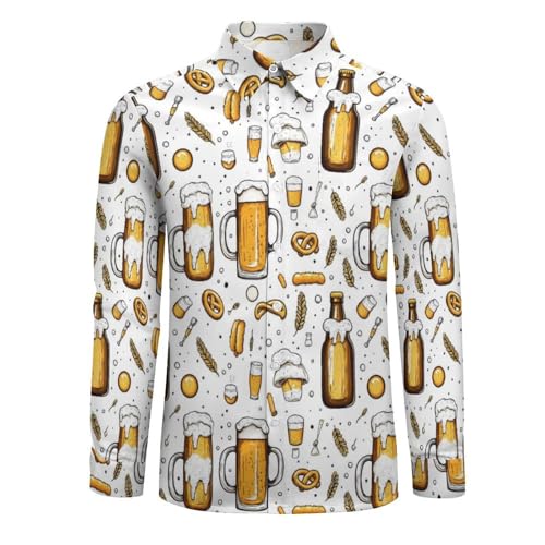 Beer Bubbly Wheat Print Mens Long Sleeve Button Down Shirts, Casual Men's Button Up Shirt with Pocket3