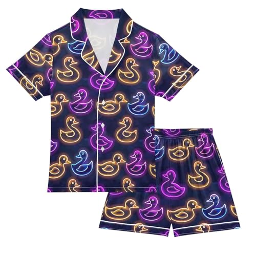 ALAZA Neon Duck Stylish Pajamas Satin Pajama Set Short Sleeve Button Down Sleepwear