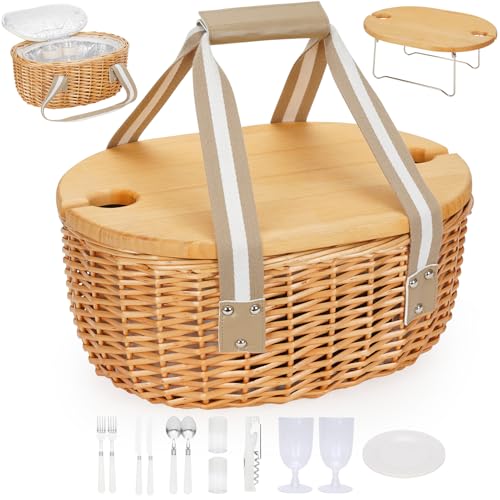 HEALSTOK Picknickkorb für 2 - Weiden-Picknick-Set mit Weintisch | Weidenkorb-Set mit isolierter Kühltasche für Camping, Outdoor, Weihnachten, Party(Beige) (Beige, Bei 2 Personen)