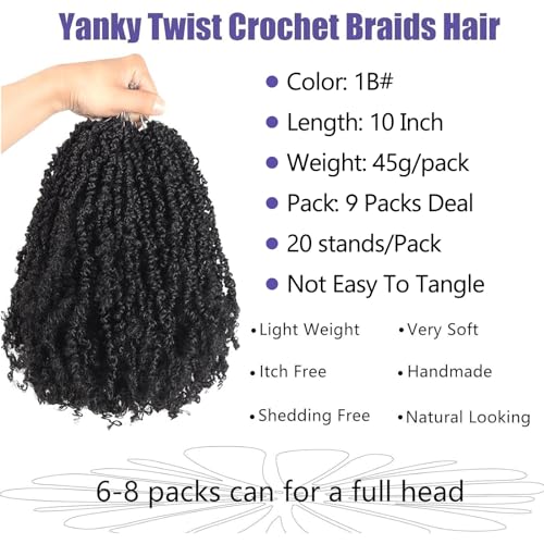 Datanala Yanky Twists Crochet Braiding Hair 10 Inch 9 Packs Crochet Hair with Curls Micro Spring Twists Crochet Hair Pre-looped Curly Crochet Braids Hair Extensions for Women (1B#, 10inch) - Image 3