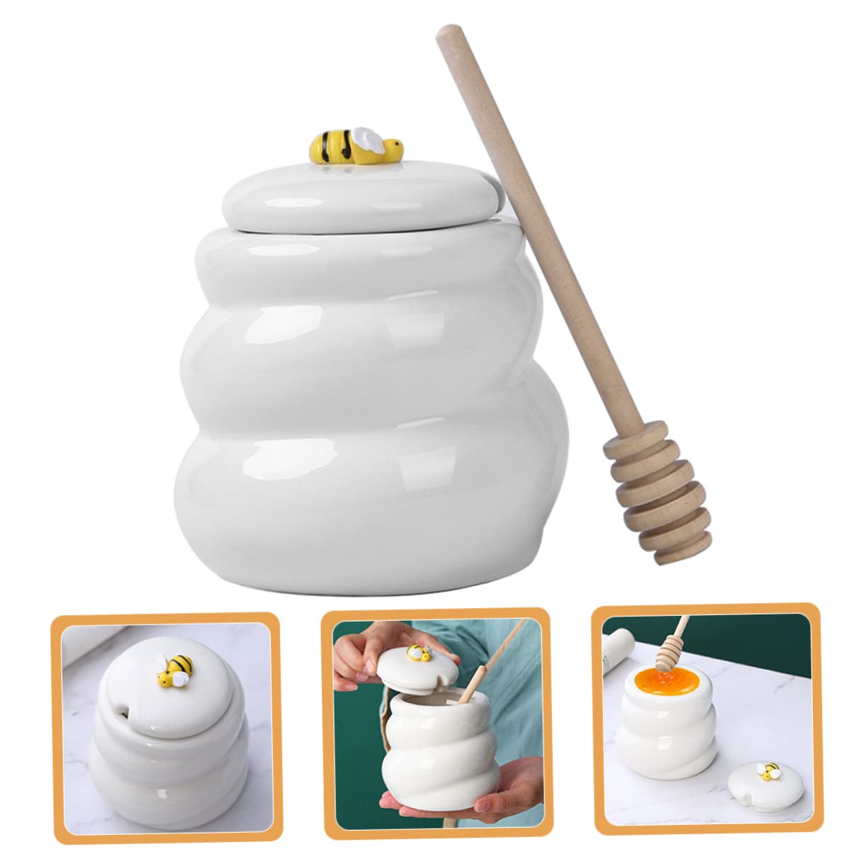 PRETYZOOM Honey Jar with Dipper Stirring Rod Ceramic Honey Dispenser Honey Storage Container for Sweetener Honey Pot